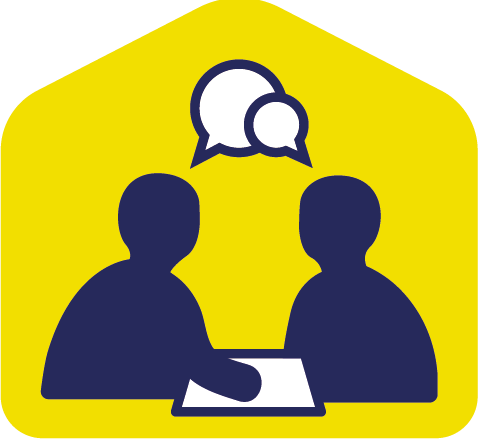 Två blå figurer sitter och pratar mot en gul bakgrund