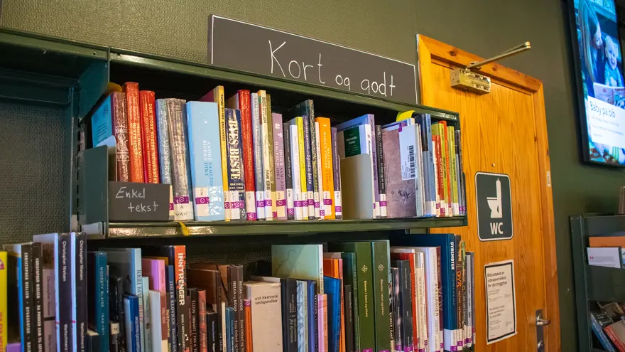 En bokhylla fylld med böcker, hyllan är målad i en militärgrön färg. Överst på hyllan finns en skylt med texten "Kort og godt". En mindre skylt har texten "Enkel tekst".