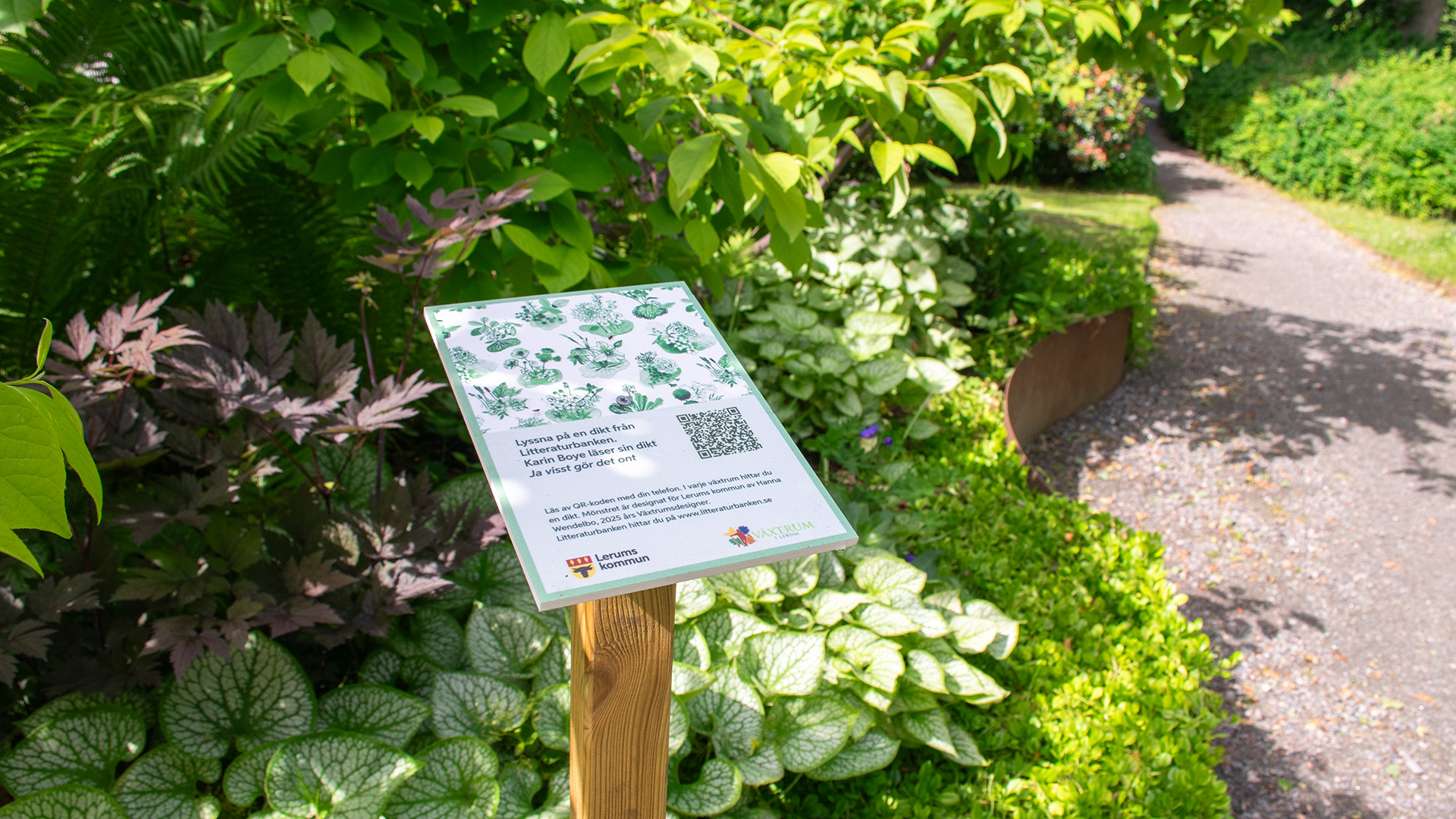 Längs en slingrande grusgång följer rabatter med växter och buskar. En metallkant markerar rabatten och kanten följer den slingrande gången, som i vågor. I rabatten står en skylt med en QR-kod och en text med instruktioner hur man kan lyssna på en dikt.