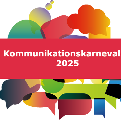 En bakgrund med färgglada pratbubblor och en röd banner med vit text där det står Kommunikationskarnevalen 2025